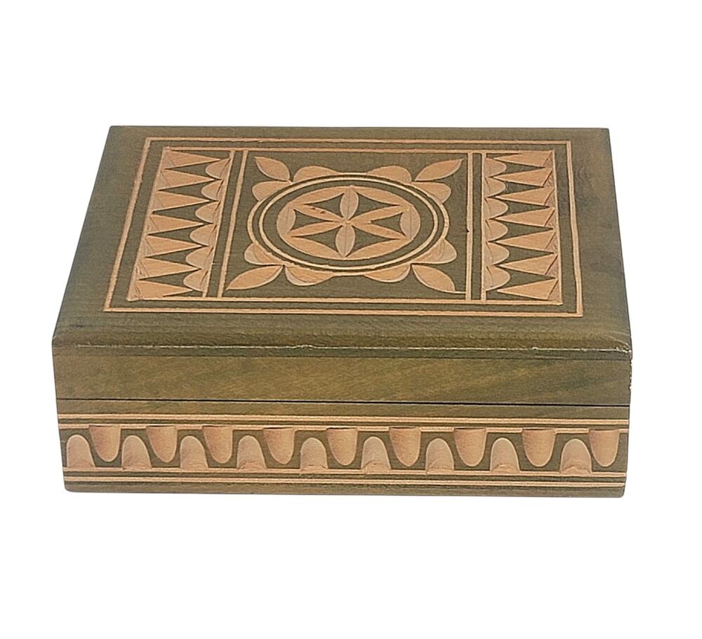 Vtg Polish Wood Carved Folk Art Hinged Geometric Design Trinket Jewelry Box TRB